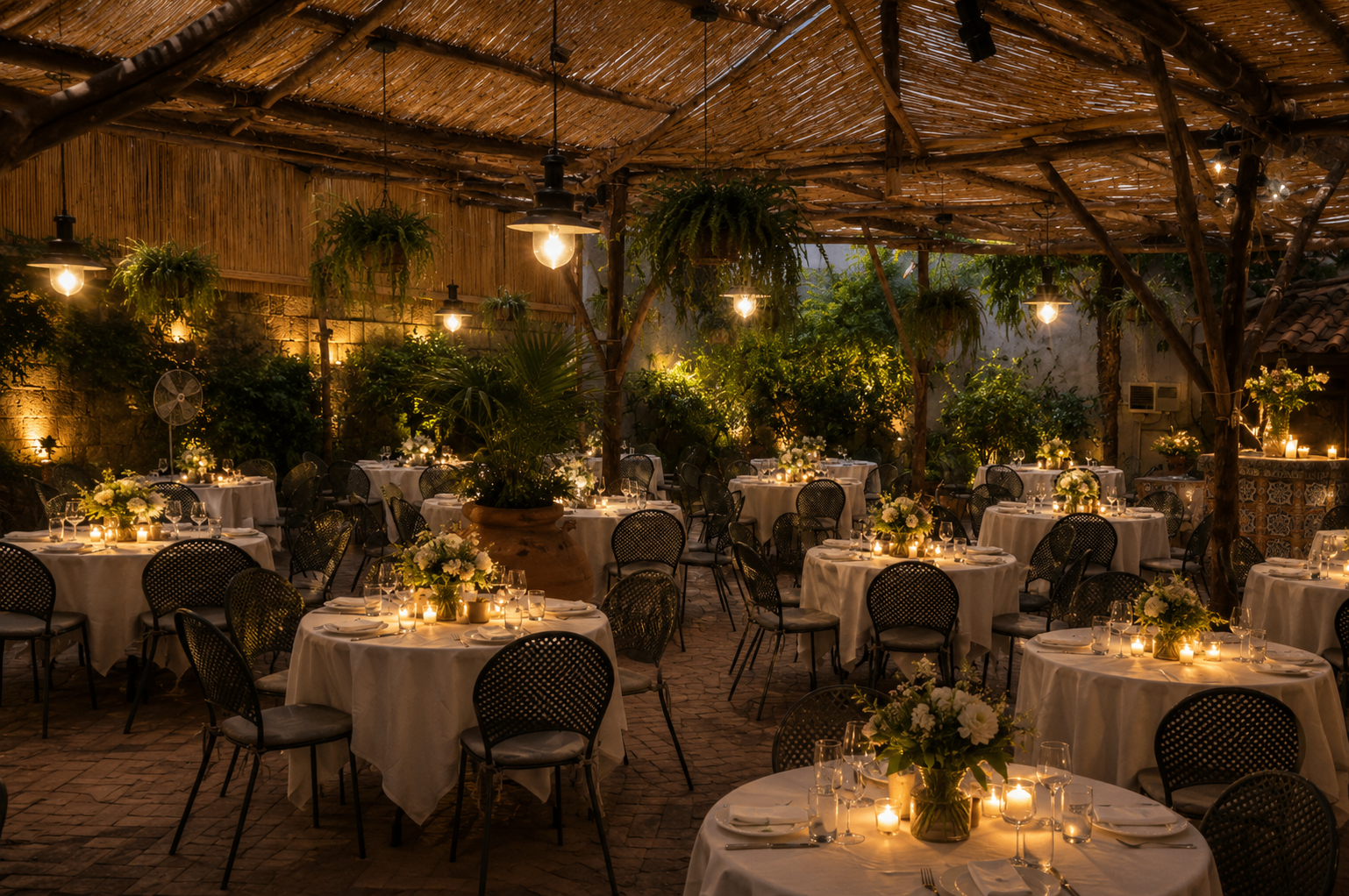 Giardino con pergolato illuminato e tavoli tondi