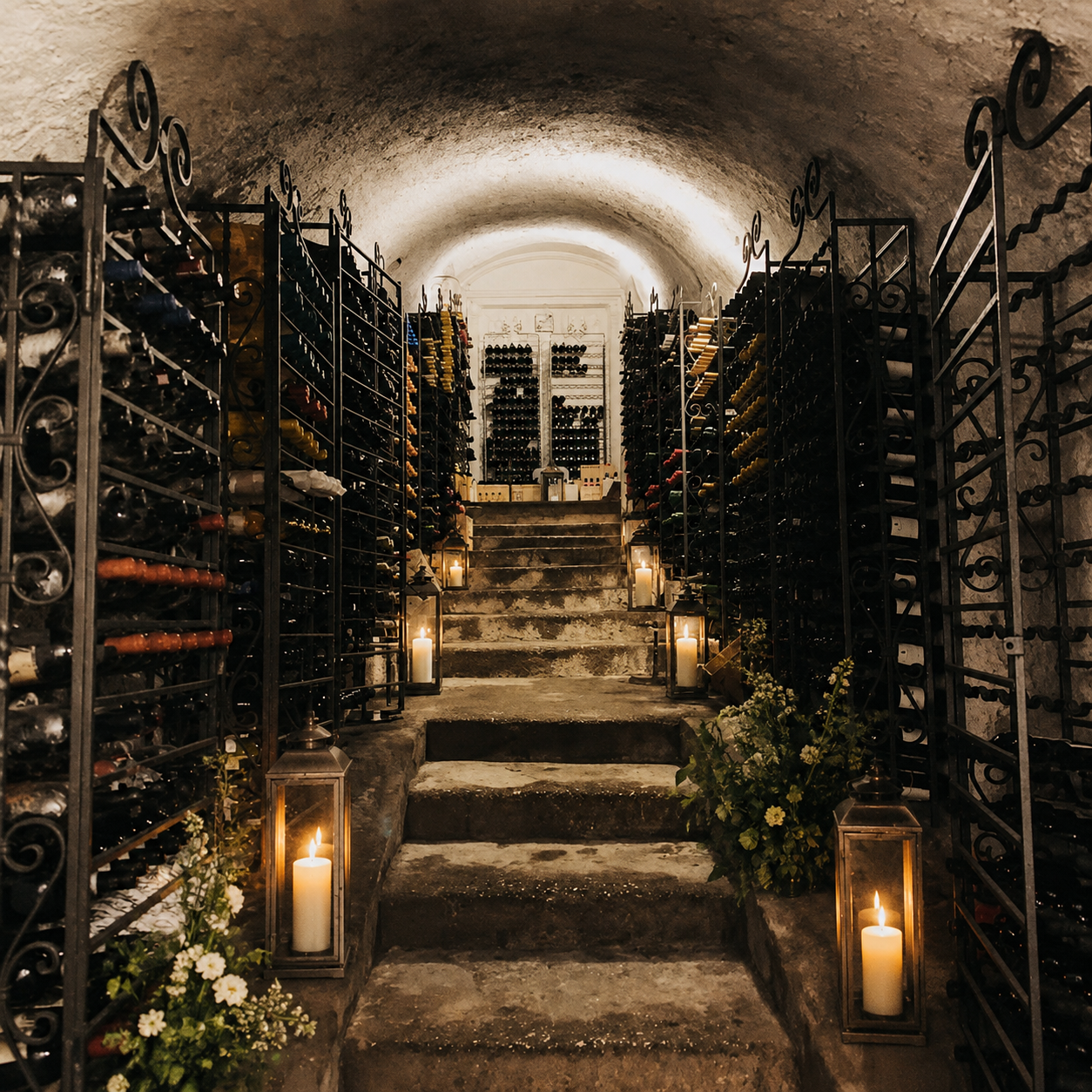 Enoteca storica con bottiglie e lanterne