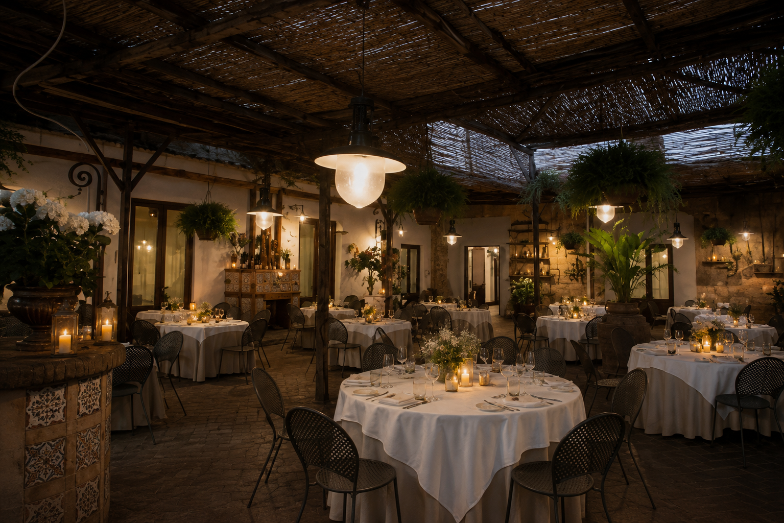 Cortile con pergolato e mise en place serale