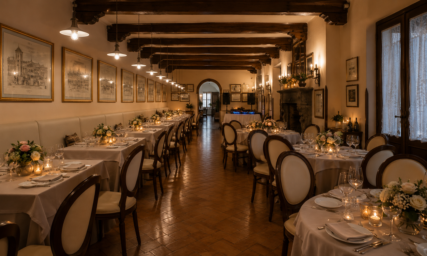 Sala Borbone con travi in legno e tavoli allestiti